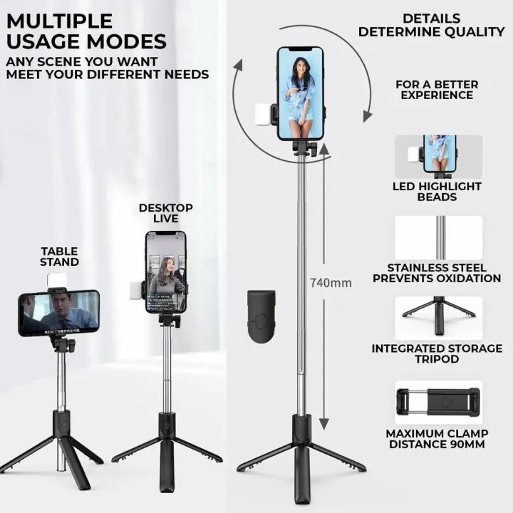 R1s Bluetooth Selfie Sticks with Remote and Selfie Light 3-in-1